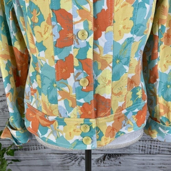 Nicole Miller Denim Jean Jacket size 12 Orange Yellow Floral Pockets Stretch - Picture 6 of 11